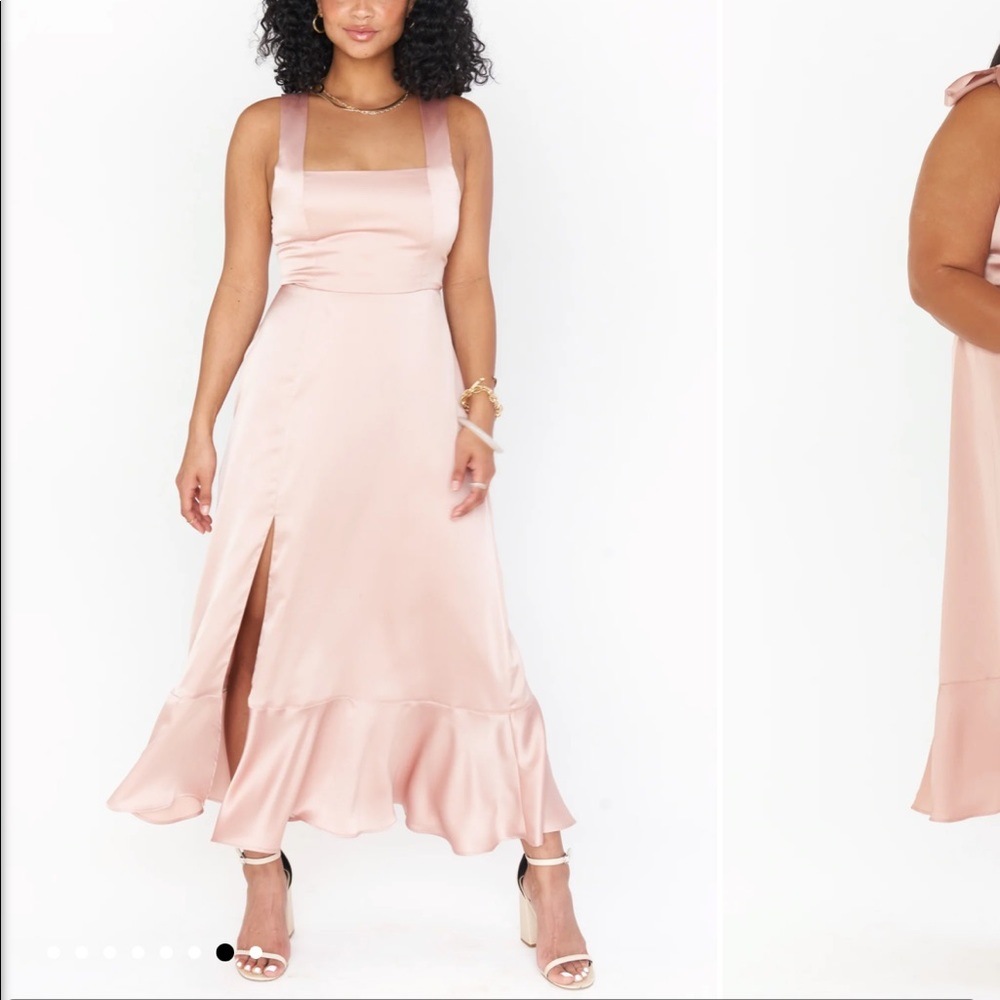 Show Me Your Mumu Rose Gold Satin Midi Dress